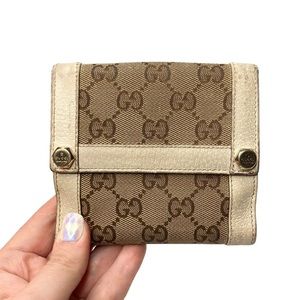 Authentic GUCCI Vintage GG Guccisima Tan Canvas & Beige White Leather Wallet